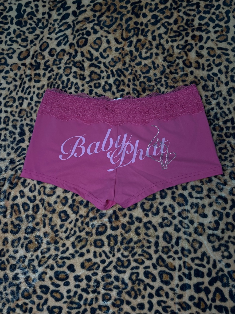 Y2K Baby Phat Pink Lace-Trim Boyshorts with Logo and Rhinestones
